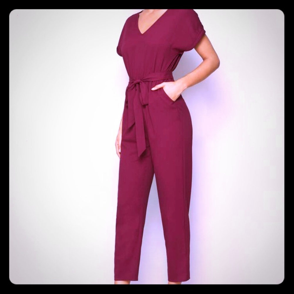 Burgundy v-neck jumpsuit velvet